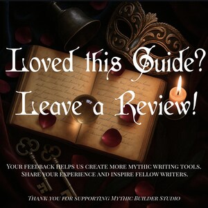 K&ouml;nnte beinhalten: Dunkles Bild mit einem offenen Buch und dem Text "Loved this Guide? Leave a Review!". Rosenbl&auml;tter, eine Glocke, eine Maske und Schl&uuml;ssel umgeben es. Eine brennende Kerze und eine Kristallkugel sind ebenfalls zu sehen. Das Bild wirbt um Feedback.