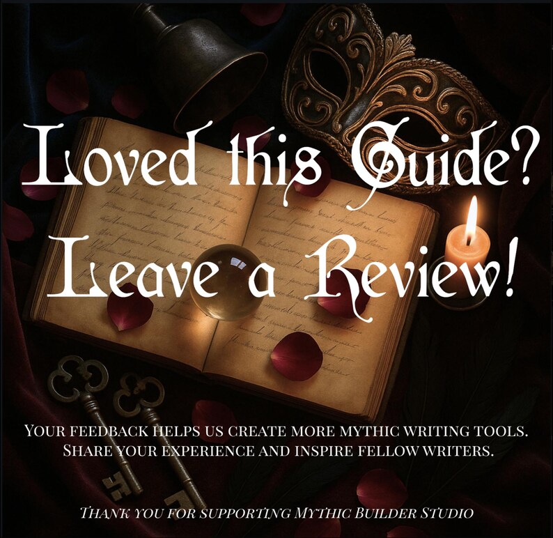K&ouml;nnte beinhalten: Dunkles Bild mit einem offenen Buch und dem Text "Loved this Guide? Leave a Review!". Rosenbl&auml;tter, eine Glocke, eine Maske und Schl&uuml;ssel umgeben es. Eine brennende Kerze und eine Kristallkugel sind ebenfalls zu sehen. Das Bild wirbt um Feedback.