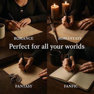 Visual moodboard showing writing tools compatible with romance, romantasy, fantasy, and fanfiction. Includes genre symbols like hearts, dragons, and magical books.