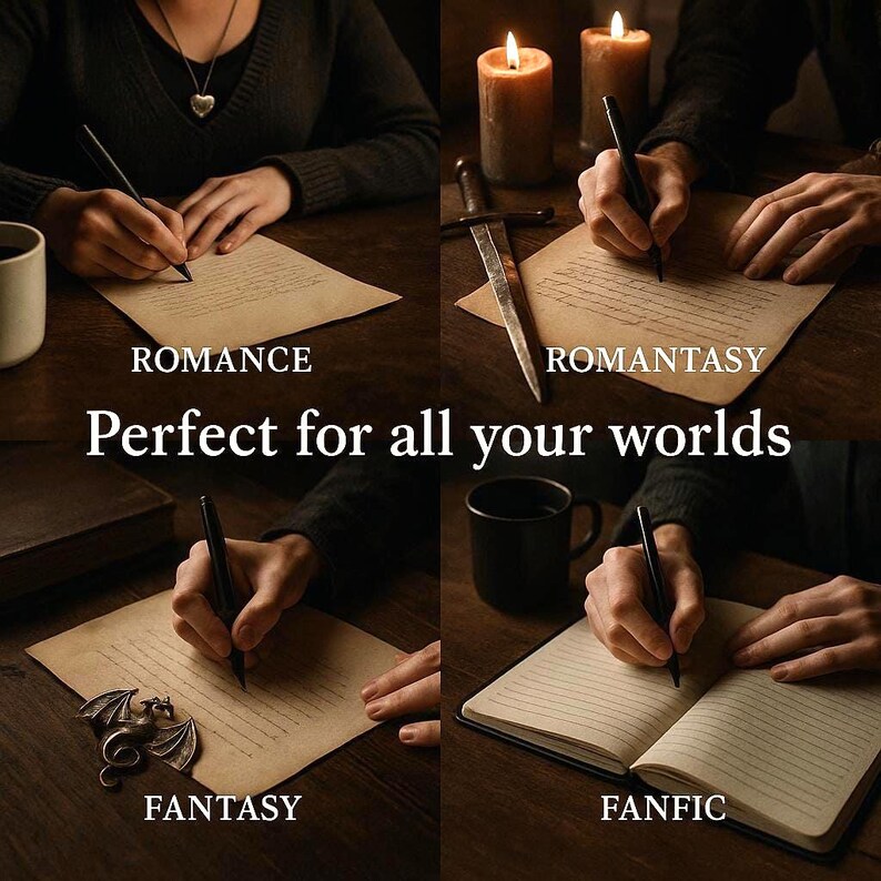 Visual moodboard showing writing tools compatible with romance, romantasy, fantasy, and fanfiction. Includes genre symbols like hearts, dragons, and magical books.