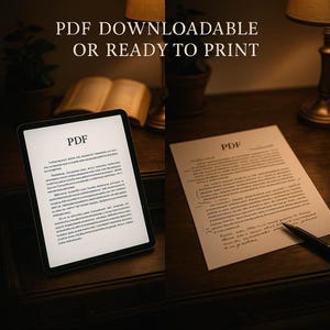 Side-by-side view of the product on an iPad and as a printed page with handwritten notes. Antique desk, journal pages, and warm lighting suggest flexible use.