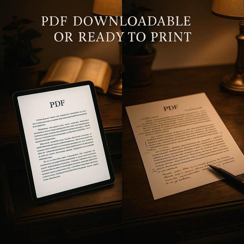 Side-by-side view of the product on an iPad and as a printed page with handwritten notes. Antique desk, journal pages, and warm lighting suggest flexible use.