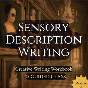 Puede incluir: Imagen que promociona un cuaderno de escritura creativa y una clase guiada. El texto "Sensory Description Writing" se muestra de forma destacada. El fondo presenta una galería de arte clásica con retratos y una lámpara de araña.