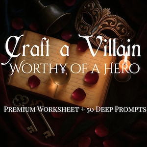K&ouml;nnte beinhalten: Ein offenes antikes Buch mit dem Text "Craft a Villain WORTHY OF A HERO" ist von Rosenbl&auml;ttern, einer Glocke, einer Maske, Schl&uuml;sseln und einer brennenden Kerze umgeben. Das Bild enth&auml;lt auch den Text "PREMIUM WORKSHEET + 50 DEEP PROMPTS".