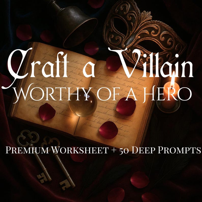 K&ouml;nnte beinhalten: Ein offenes antikes Buch mit dem Text "Craft a Villain WORTHY OF A HERO" ist von Rosenbl&auml;ttern, einer Glocke, einer Maske, Schl&uuml;sseln und einer brennenden Kerze umgeben. Das Bild enth&auml;lt auch den Text "PREMIUM WORKSHEET + 50 DEEP PROMPTS".