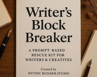 May include: A book titled "Writer's Block Breaker" with black text on a cream-colored cover. The book is surrounded by notebooks and pens on a wooden surface. The text on the cover reads "A Prompt-Based Rescue Kit for Writers & Creatives."