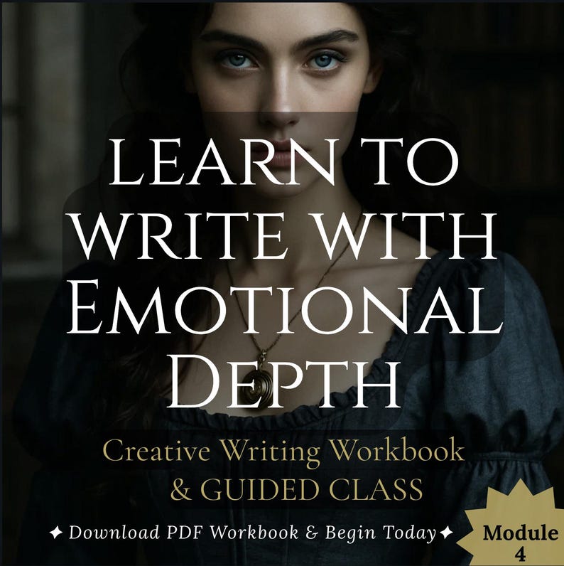 May include: Image promoting a creative writing workbook and guided class. The text reads "Learn to Write with Emotional Depth." The image features a woman with dark hair and blue eyes. The workbook is advertised as a PDF download.
