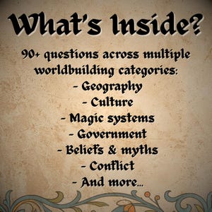 May include: Text on a parchment-style background reads "What's Inside?" followed by a list of worldbuilding categories: Geography, Culture, Magic systems, Government, Beliefs & myths, Conflict, and more. The text is in a decorative font.