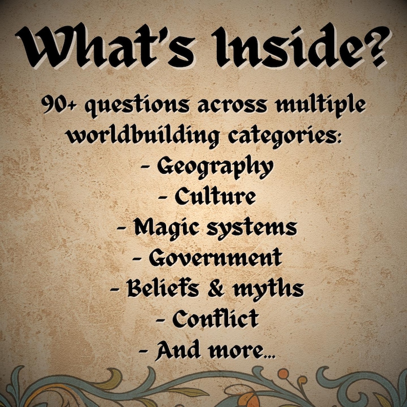 May include: Text on a parchment-style background reads "What's Inside?" followed by a list of worldbuilding categories: Geography, Culture, Magic systems, Government, Beliefs & myths, Conflict, and more. The text is in a decorative font.