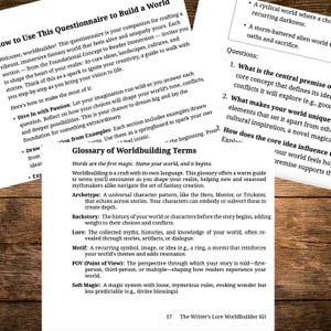 May include: A page from "The Writer's Lore Worldbuilder Kit" with text about worldbuilding. Includes a questionnaire, glossary of terms, and questions to inspire creativity. The text is in black font on a white background.