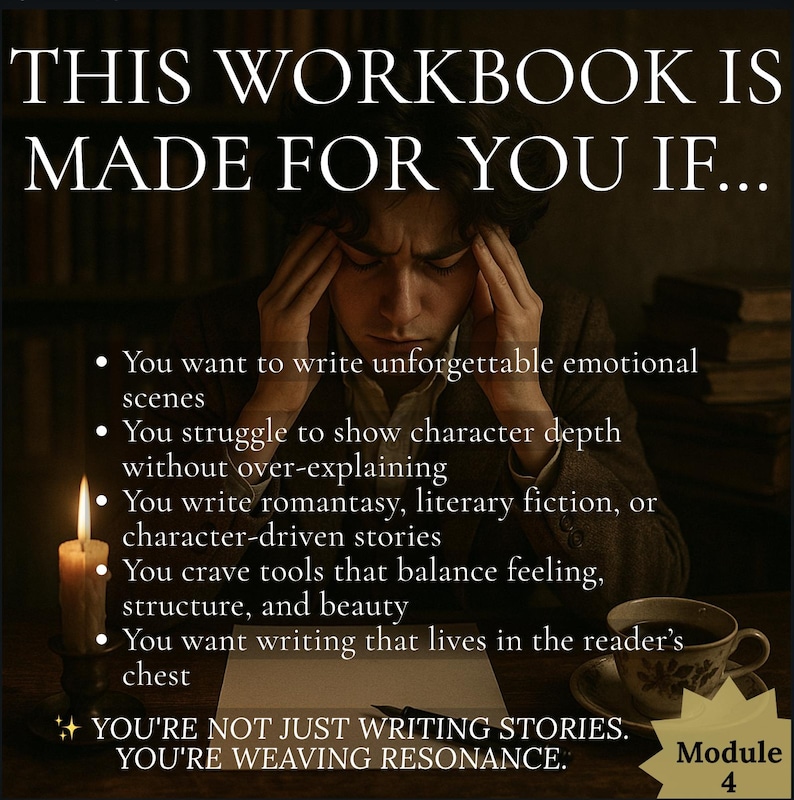 May include: Image of a workbook with text: "THIS WORKBOOK IS MADE FOR YOU IF..." and bullet points about writing. A person is holding their head in their hands. A lit candle and a cup of tea are on the table. The text at the bottom says "YOU'RE NOT JUST WRITING STORIES. YOU'RE WEAVING RESONANCE."
