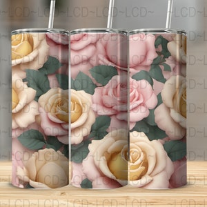 Pink Yellow Rose 20oz Tumbler Sublimation Design , Sublimation 3D Designs, Straight Skinny Tumblers Wraps PNG, Sublimation Designs