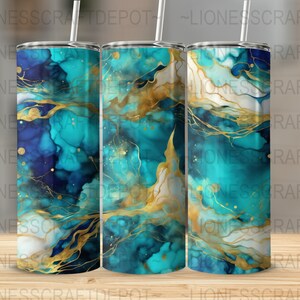 Turquoise, Blue & Gold Alcohol Ink 20oz Tumbler Sublimation Design , Sublimation 3D Designs, Straight Skinny Wraps PNG, Sublimation Designs