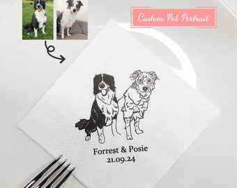 Custom Illustrated Dog Wedding Napkins, Personalized Pet Wedding Napkins, Customized Pet Napkins, Custom Pet Portrait Wedding Napkins