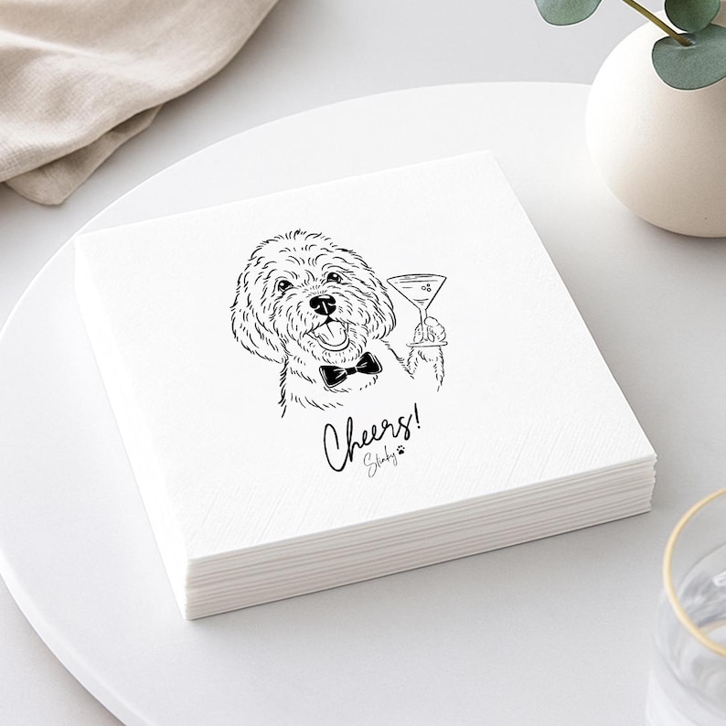Custom Illustrated Dog Cocktail Napkins, Personalized Doodle Napkins, Pet Wedding Napkins, Cheers Cocktail Napkins, Cat Cocktail Napkins image 1