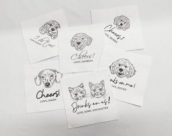 Custom Illustrated Dog Wedding Napkins, Personalized Pet Cocktail Napkins, Pet Wedding Napkins, Dog Cocktail Napkins, Cat Cocktail Napkins