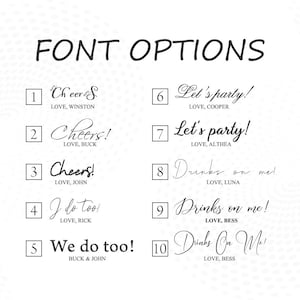 May include: A white background displays "FONT OPTIONS" in a bold font. Below are ten font options for text, each with a sample phrase and a name. Phrases include "Cheers!", "Let's party!", and "Drinks on me!"