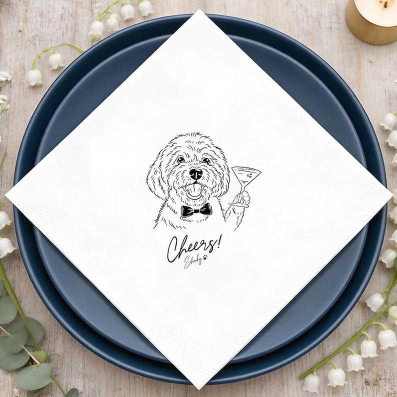 Custom Illustrated Dog Cocktail Napkins, Personalized Doodle Napkins, Pet Wedding Napkins, Cheers Cocktail Napkins, Cat Cocktail Napkins image 4