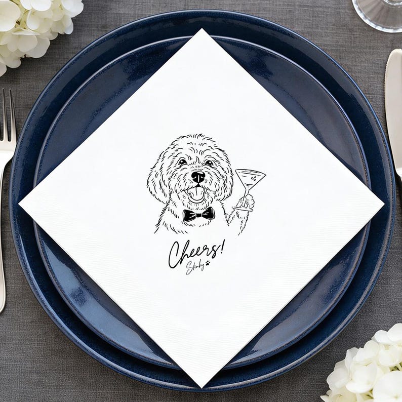 Custom Illustrated Dog Cocktail Napkins, Personalized Doodle Napkins, Pet Wedding Napkins, Cheers Cocktail Napkins, Cat Cocktail Napkins image 3