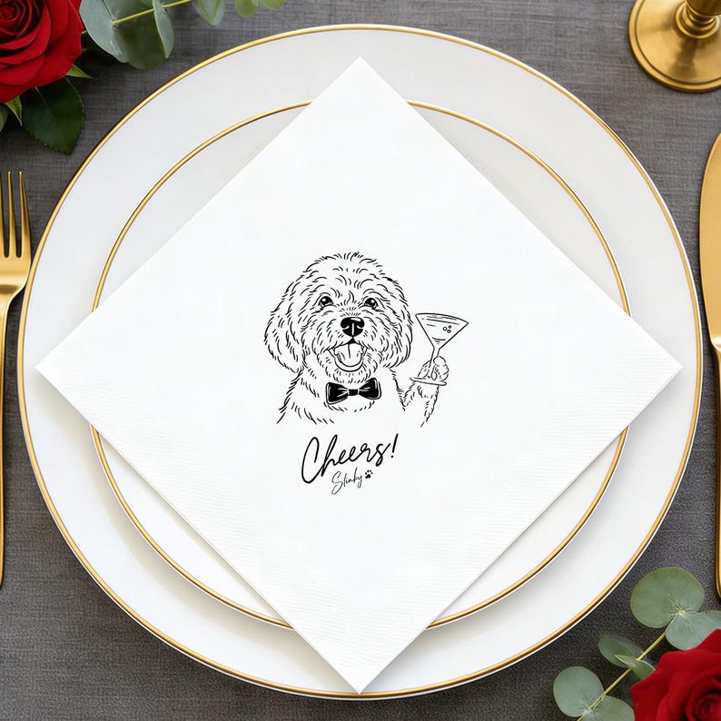 Custom Illustrated Dog Cocktail Napkins, Personalized Doodle Napkins, Pet Wedding Napkins, Cheers Cocktail Napkins, Cat Cocktail Napkins image 2