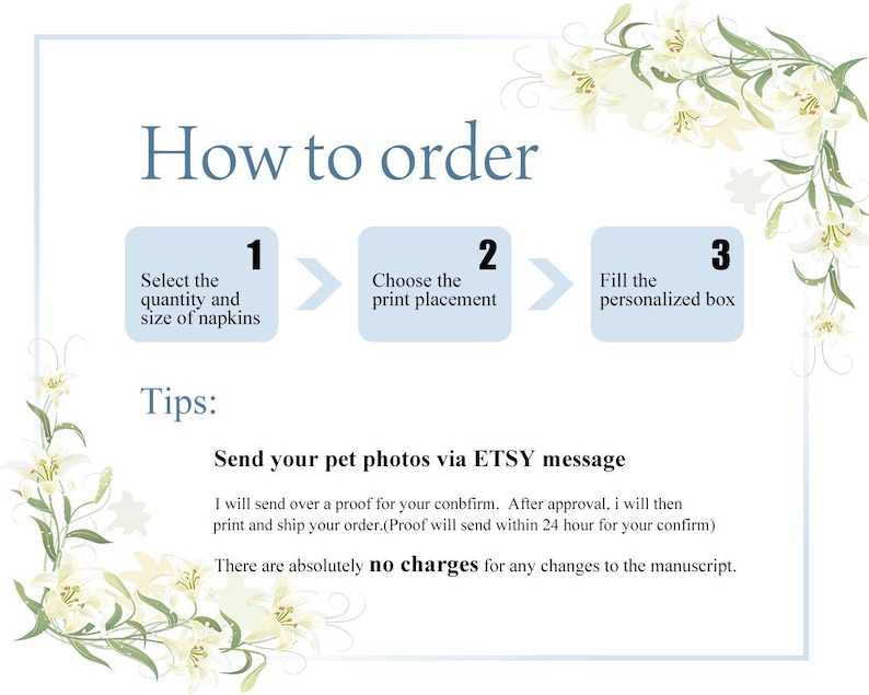 May include: An informational graphic titled "How to order" with three steps: select quantity and size of napkins, choose print placement, and fill the personalized box. Floral accents frame the text. Text advises sending pet photos via Etsy message.