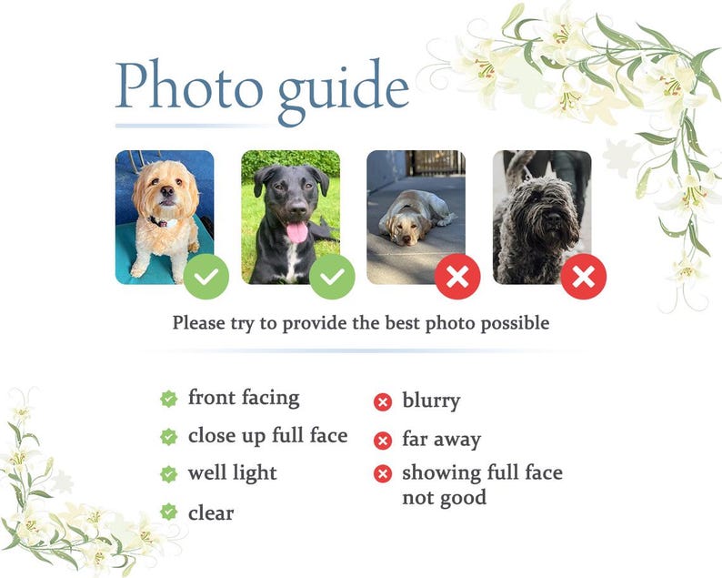 May include: A graphic with the text "Photo guide" and examples of dog photos. The guide shows examples of good and bad photos, with check marks for good photos and X marks for bad photos. The text "Please try to provide the best photo possible" is also included.