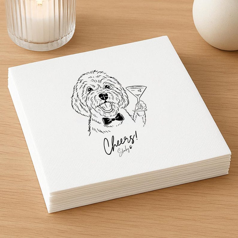 Custom Illustrated Dog Cocktail Napkins, Personalized Doodle Napkins, Pet Wedding Napkins, Cheers Cocktail Napkins, Cat Cocktail Napkins image 5