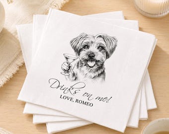 カスタムイラスト入り犬用カクテルナプキン、パーソナライズされた落書き風ナプキン、ペット用ウェディングナプキン、ドリンク・オン・ミー・ナプキン、猫用カクテルナプキン