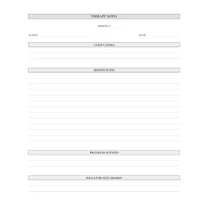 Könnte beinhalten: Ein weißes Therapie-Notizbuch mit Abschnitten für Klienteninformationen, Ziele, Sitzungsnotizen, Fortschritte und zukünftige Schwerpunkte. Das Notizbuch enthält den Text "THERAPY NOTES", "CLIENT", "SESSION #", "DATE", "CLIENT GOALS", "SESSION NOTES", "PROGRESS NOTICED" und "FOCUS FOR NEXT SESSION".