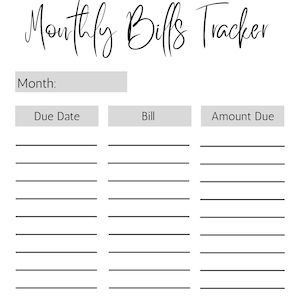 Printable Monthly Bills Tracker
