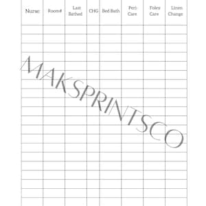 Puede incluir: Una hoja de baño CNA imprimible en blanco y negro con columnas para la enfermera, el número de habitación, el último baño, CHG, baño en cama, cuidados peri-operatorios, cuidados de Foley y cambio de ropa.