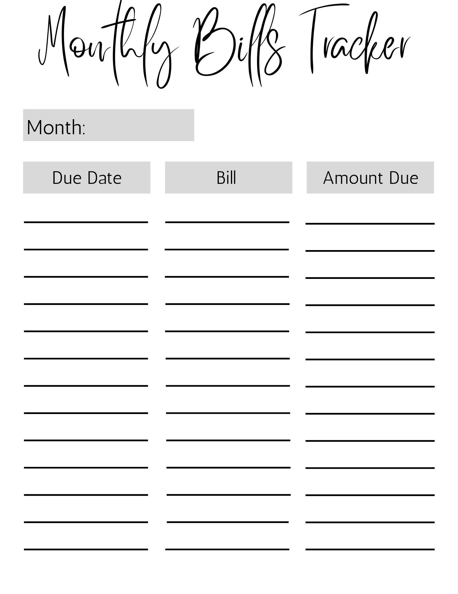 Printable Monthly Bills Tracker