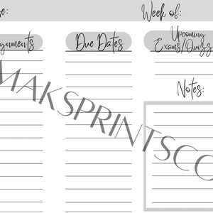 May include: A printable planner page with sections for course name, assignments, due dates, upcoming exams or quizzes, and notes. The page is designed for a weekly schedule.