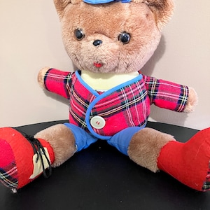 Vintage Stuffed Plaid Teddy Bear Teaching Plush Toy by R Dakin, 1977, Zip, Tie, Buckle