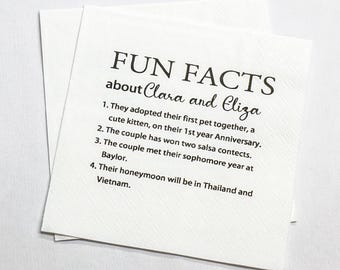 Fun Facts Personalized Wedding Napkins,Custom Wedding Cocktail Napkins, Fun Facts Napkins,Personalized Trivia Wedding Cocktail Napkins