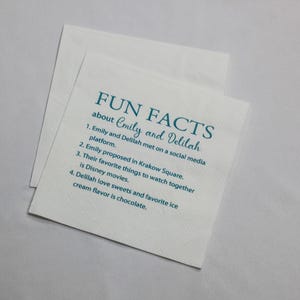 Fun Facts Personalized Wedding Napkins,Custom Wedding Cocktail Napkins, Fun Facts Napkins,Personalized Trivia Wedding Cocktail Napkins