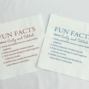 Trivia Personalized Napkins,Fun Facts Personalized Wedding Napkins,Engagement Party Napkins,Personalized Trivia Wedding Cocktail Napkins
