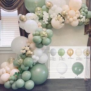 Eucalyptus Green, Sage Green, Gold, Gold Glitter, White & Cream Balloon Arch Kit | 143 Pieces | Baby Shower | Bridal Shower | Photo Backdrop