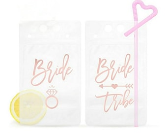 Bride & Bride Tribe Bachelorette 15 Oz Drink Pouch - 10 Count Pouches + 10 Twisty Straws - Engagement, Shower, Bride