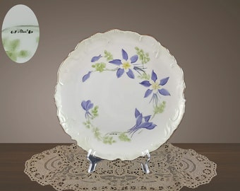 Vintage Hand Painted Bone China Purple Floral Decorative Wall Plate, Violet Colorado Columbine Floral pattern