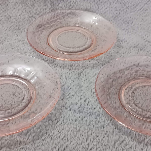 Pink Depression Glass with etched pattern on underside, Set of 3