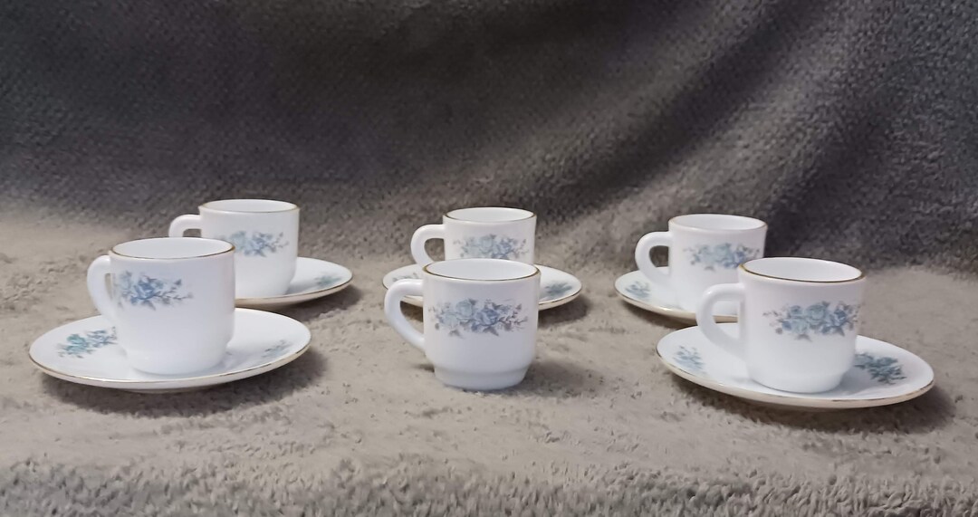 Set of 6 Milk Glass Demitasse Cups and 5 Saucers Blue Florals and Gold ...