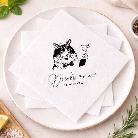 Custom Illustrated Cat Wedding Cocktail Napkins, Doodle Cocktail Napkins, Custom Cat Napkins, Customized Pet Napkins, Pet Bar Napkins