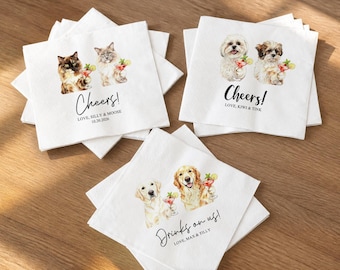 Gepersonaliseerde aquarel cocktailservetten met huisdieren voor bruiloften, portret van hond en kat van een foto, gepersonaliseerde bardecoratie voor huisdieren
