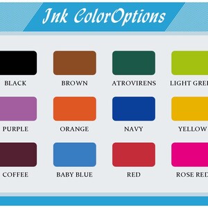 May include: A graphic displaying ink color options. The image shows rectangular color swatches labeled with names like Black, Brown, Atrovirens, Light Green, Purple, Orange, Navy, Yellow, Coffee, Baby Blue, Red, and Rose Red.