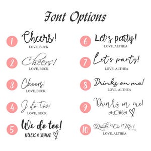 May include: A white background displays ten font options for text. Each option includes a phrase like "Cheers!" or "Let's party!" in various cursive and bold fonts. The text is accompanied by names like "LOVE, BUCK" or "LOVE, ALTHEA".