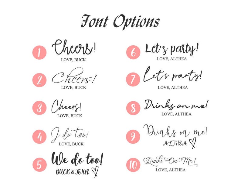 May include: A white background displays ten font options for text. Each option includes a phrase like "Cheers!" or "Let's party!" in various cursive and bold fonts. The text is accompanied by names like "LOVE, BUCK" or "LOVE, ALTHEA".