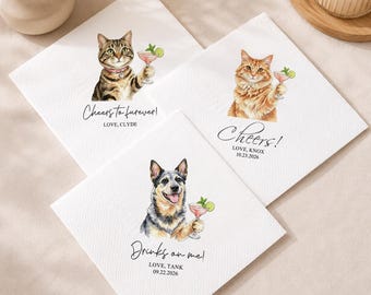 Servilletas de cóctel personalizadas con acuarela de mascotas para bodas, servilletas para fiestas de compromiso, retratos de perros y gatos a partir de fotografías.
