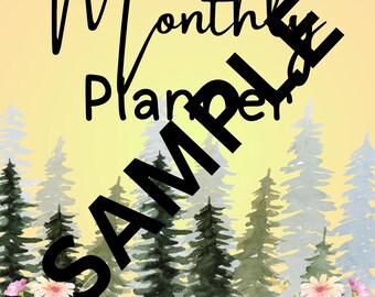 Puede incluir: Diseño estilo acuarela para un planificador mensual. El fondo es un degradado de amarillo y verde, con una escena de bosque con pinos y flores silvestres. Las palabras "Monthly Planner SAMPLE" están escritas en negro.