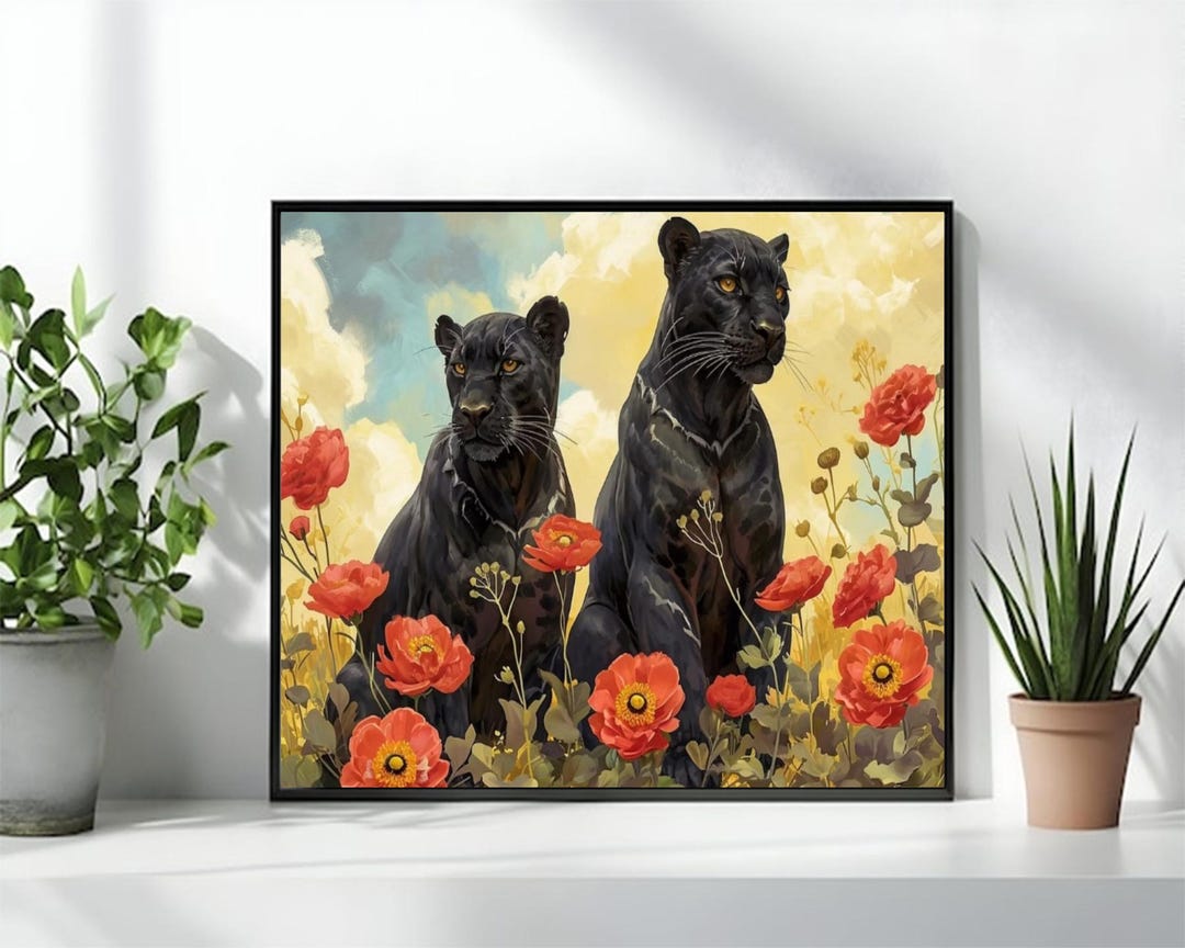 Floral Animal Illustration Black Panther 2 Art Print, Home & Bedroom ...
